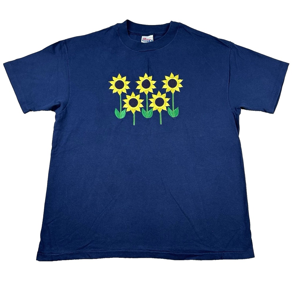 Vintage Hanes Sunflower Shirt Mens XL Embroidered Nature Garden Hippie Navy 90s